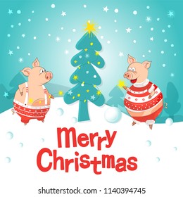 Vector illustration of happy new year! Pigs-a symbol of the Chinese new 2019. For posters, banners, postcards, sales and other winter events. Style of comics, cartoons. Christmas card