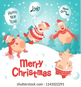 Vector illustration of happy new year! Pigs-a symbol of the Chinese new 2019. For posters, banners, postcards, sales and other winter events. Style of comics, cartoons. Christmas card