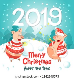 Vector illustration of happy new year! Pigs-a symbol of the Chinese new 2019. For posters, banners, postcards, sales and other winter events. Style of comics, cartoons. Christmas card