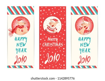 Vector illustration with happy New year! Pigs-a symbol of the Chinese new 2019. For posters, banners, postcards, sales and other winter events. Style of comics, cartoons. Christmas card, banner