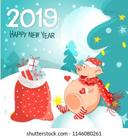 Vector illustration of happy new year! Pigs-a symbol of the Chinese new 2019. For posters, banners, postcards, sales and other winter events. Style of comics, cartoons. Christmas card