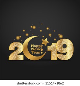 Vector illustration of happy new year 2019 gold numeral with silver snowflakes ornament on black background with golden moon and star-muslim symbol. Year of the Pig For Chinese calendar