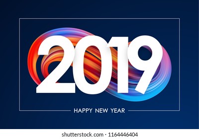 Vector illustration: Happy New Year 2019. Greeting card with colorful abstract twisted acrylic paint stroke shape. Trendy design