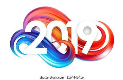 Vector illustration: Happy New Year.  Number of 2019 on colorful abstract twisted paint stroke shape background. Trendy design