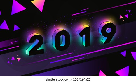 Vector Illustration of Happy New Year 2019 with Neon Glow and Colorful Modern Geometric Elements