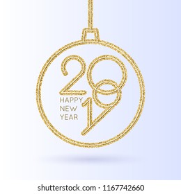 Vector illustration of a Happy New Year poster 2019, with ball. Sparkling gold glitter on a withe background