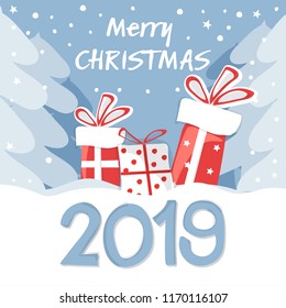 Vector illustration of happy new year 2019! For posters, banners, postcards, sales and other winter events. Style of comics, cartoons. Christmas card