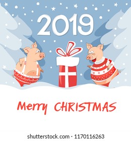 Vector illustration of happy new year! Pigs-a symbol of the Chinese new 2019. For posters, banners, postcards, sales and other winter events. Style of comics, cartoons. Christmas card