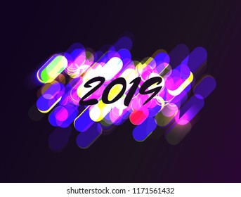 Vector Illustration of Happy New Year 2019 with Neon Glow and Colorful Modern Geometric Elements