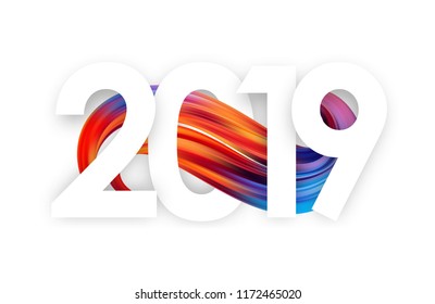 Vector illustration: Happy New Year.  Paper Number of 2019 with colorful abstract paint stroke shape. Trendy design