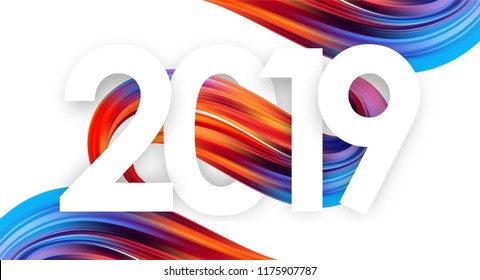 Vector illustration: Happy New Year.  Number of 2019 with colorful abstract paint stroke shapes. 