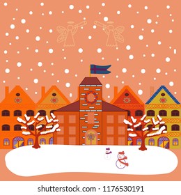 Vector illustration. Happy new year. Merry christmas card with house. Cute buildings on orange, white and yellow colors.