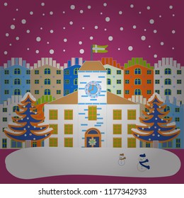 Vector illustration. Happy new year. Merry christmas card with house. Christmas illustration on magenta, white and blue colors.