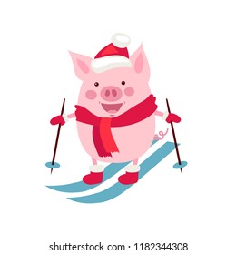 Vector illustration, Happy New Year 2019 funny card design with cartoon pig