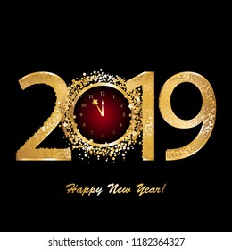 Vector illustration of Happy New Year 2019! Gold stars and a clock on a black background
