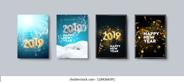 Ilustração vetorial de cartazes de Feliz Ano Novo ou conjunto de folhetos. Banners de férias com números metálicos 2019, festa popper, neve, ouropel e confete. Decoração festiva de inverno. Convite para festa de Ano Novo