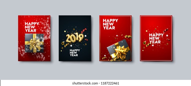 Vector illustration of Happy New Year posters or flyers set. Holiday banners with metallic 2019 numbers, gift box, snow, tinsel and confetti. Winter festive decoration. New Year party invitation