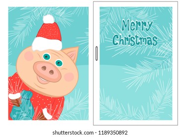 Vector illustration happy New year! Christmas card. The pig is a symbol of the Chinese New 2019. For postcards, sales and other winter events. Style comics, cartoons. Pig in the window.