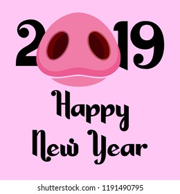 Vector illustration, Happy New Year 2019 funny card design with cartoon pigs face