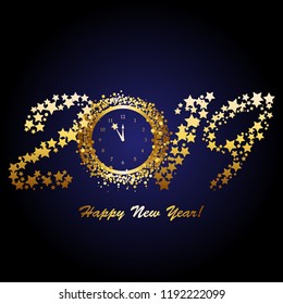Vector illustration of Happy New Year 2019. Golden stars and clocks on a blue background