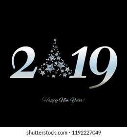 Vector illustration of Happy New Year 2019! Silver shiny Christmas tree. Stars on a black background