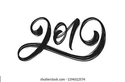 Vector illustration: Happy New Year. Handwritten textured brush lettering of 2019 on white background. Chines calligraphy