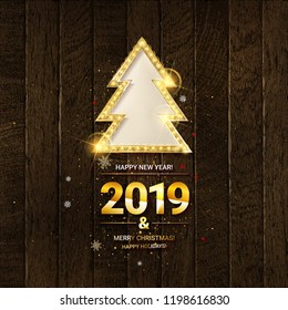 Vector illustration of Happy New Year 2019. Christmas tree on wooden background. Gold stars.