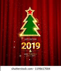 Vector illustration of Happy New Year 2019. Christmas tree on a purple background. Gold stars.