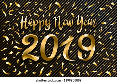 vector illustration of happy new year 2019 gold and black collors place for text. Inflatable Gold Numbers on the Background of the Black Stone Wall New Year art