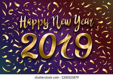 vector illustration of happy new year 2019 gold and black collors place for text. Inflatable Gold Numbers on the Background of the Black Stone Wall New Year art