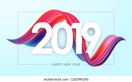 Vector illustration: Happy New Year 2019. Greeting card with colorful abstract twisted acrylic paint stroke shape. Trendy design