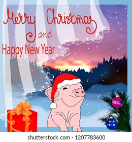 Vector illustration happy New year! Christmas card. The pig is a symbol of the Chinese New 2019. For postcards, sales and other winter events. Style comics, cartoons. Pig in the window.