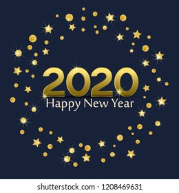 Vector illustration of Happy New Year 2020 background. Merry Christmas card with golden stars. Gold decoration on blue background