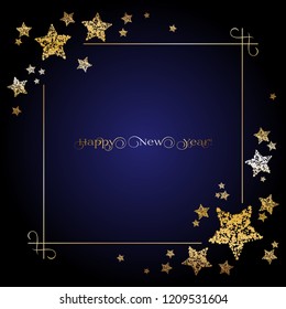 Vector illustration of Happy New Year! Gold stars on a night sky. Frame on a blue background