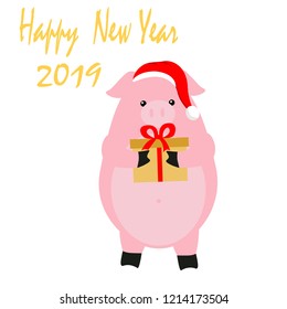 
vector illustration, happy new year greeting card, pig with gift, 2019