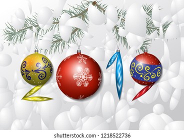 Vector illustration of Happy New Year 2019 inscription combined from bright Christmas tree toys through the abstract snow can be seen fir branches