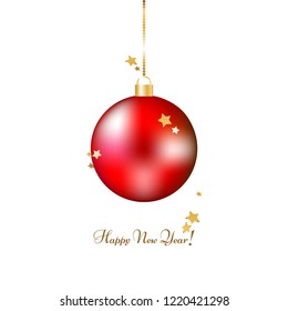 Vector illustration of Happy New Year! Red Christmas tree and confetti. Gold stars and a Christmas tree decoration.