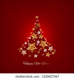 Vector illustration of Happy New Year! Christmas tree on a red background. Gold stars.