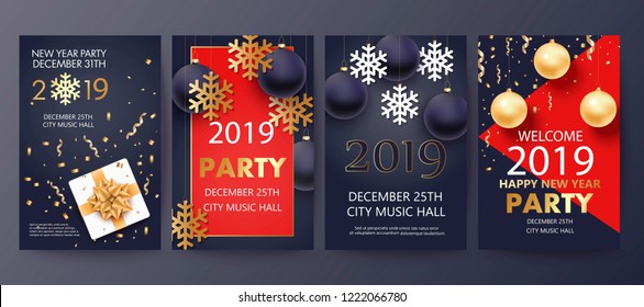 	
Vector illustration of Happy New Year 2018 and Merry Christmas brochure, flyer, party, holiday invitation, corporate celebration. Gold ball, star, gift, snowflake composition on black background.