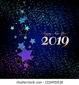 Vector illustration of Happy New Year 2019! Bright stars on a night sky