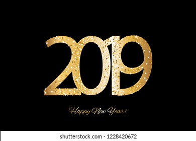 Vector illustration of Happy New Year 2019! Gold mosaic on a black background. Greeting card.