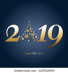 Vector illustration of Happy New Year 2019! Silver Christmas tree on a blue background