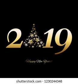 Vector illustration of Happy New Year 2019! Gold shiny Christmas tree. Stars on a black background