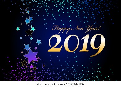 Vector illustration of Happy New Year 2019! Bright stars on a blue night sky.