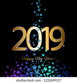 Vector illustration of Happy New Year 2019! Fireworks. Christmas tree. Glowing stars.