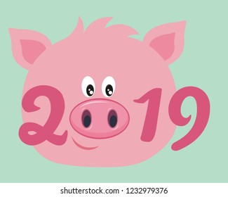 Vector illustration, Happy New Year 2019 funny card design with cartoon pigs face.Eps10.