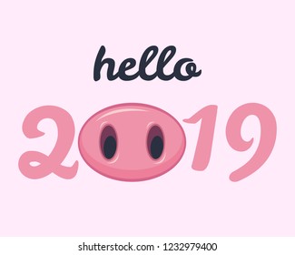 Vector illustration, Happy New Year 2019 funny card design with cartoon pigs face.Eps10.