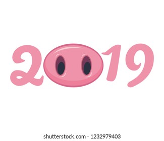 Vector illustration, Happy New Year 2019 funny card design with cartoon pigs face.Eps10.