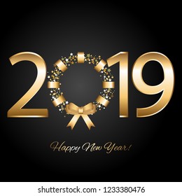 Vector illustration of Happy New Year 2019! Gold stars and gold ribbon on a black background.