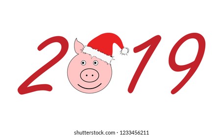 Vector illustration, Happy New Year 2019 funny card design with cartoon pigs face.